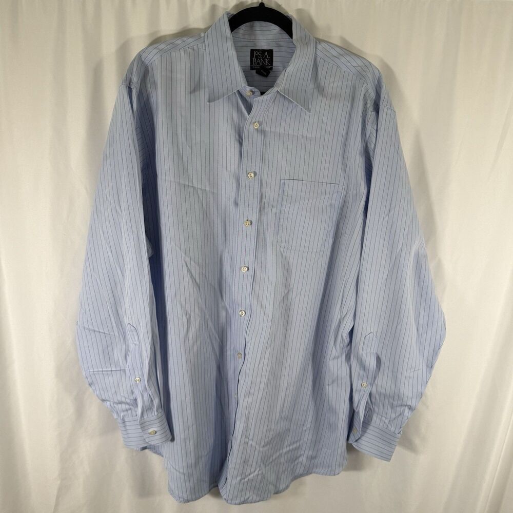 Jos A Bank Traveler's Shirt Men 17.5 35 Blue Striped Button Up Long SleeveTailor